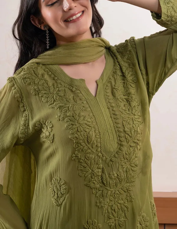 Olive Green Georgette Chikankari Embroidery Kurta With Pant Dupatta For Women