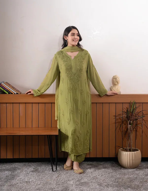 Olive Green Georgette Chikankari Embroidery Kurta With Pant Dupatta For Women
