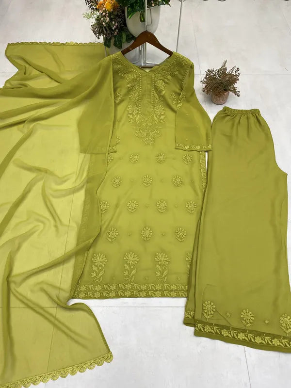 Olive Green Georgette Chikankari Embroidery Kurta With Pant Dupatta For Women