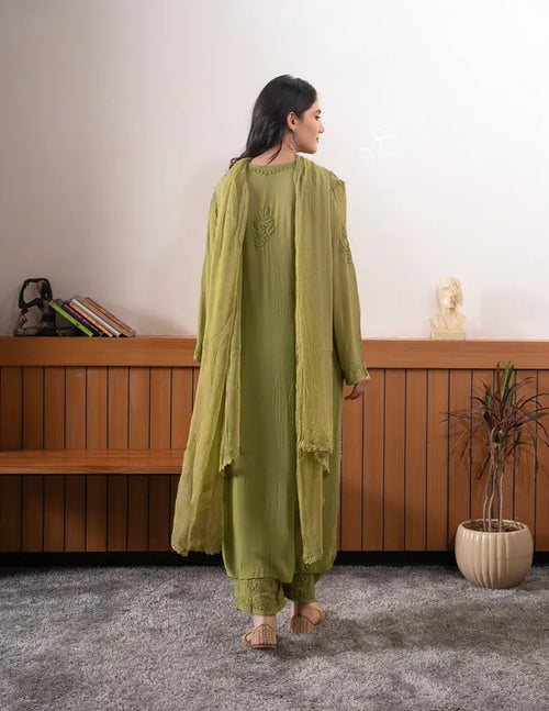 Olive Green Georgette Chikankari Embroidery Kurta With Pant Dupatta For Women