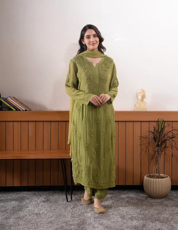Olive Green Georgette Chikankari Embroidery Kurta With Pant Dupatta For Women