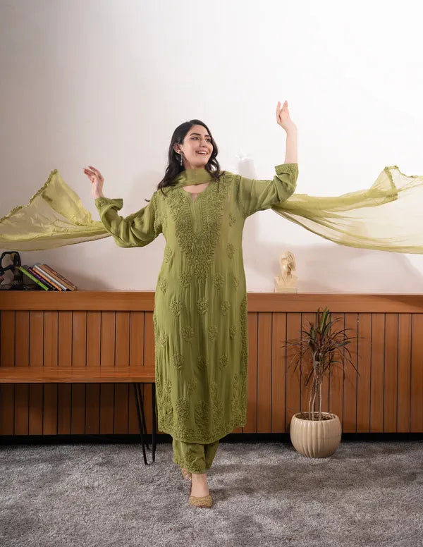 Olive Green Georgette Chikankari Embroidery Kurta With Pant Dupatta For Women
