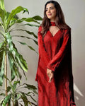 Red Georgette Chikankari Embroidery Kurta With Pant Dupatta For Women