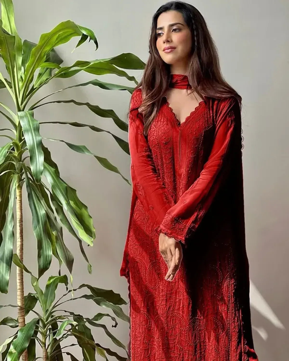 Red Georgette Chikankari Embroidery Kurta With Pant Dupatta For Women
