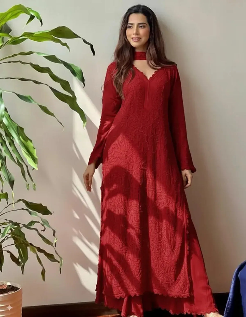 Red Georgette Chikankari Embroidery Kurta With Pant Dupatta For Women