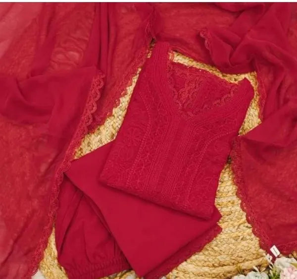Red Georgette Chikankari Embroidery Kurta With Pant Dupatta For Women