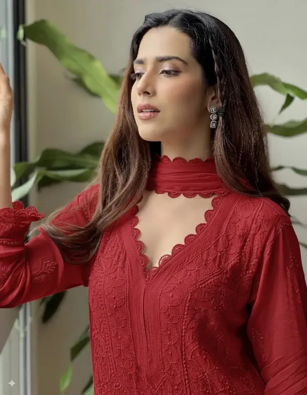 Red Georgette Chikankari Embroidery Kurta With Pant Dupatta For Women