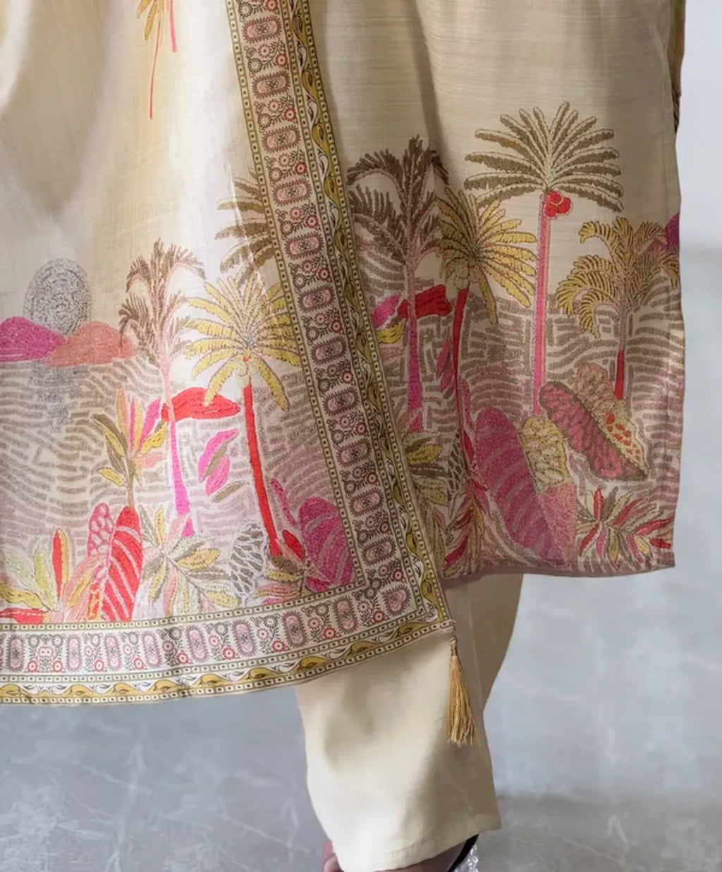 Ivory Assam Silk Embroidered Kurta With Pant Dupatta For Women