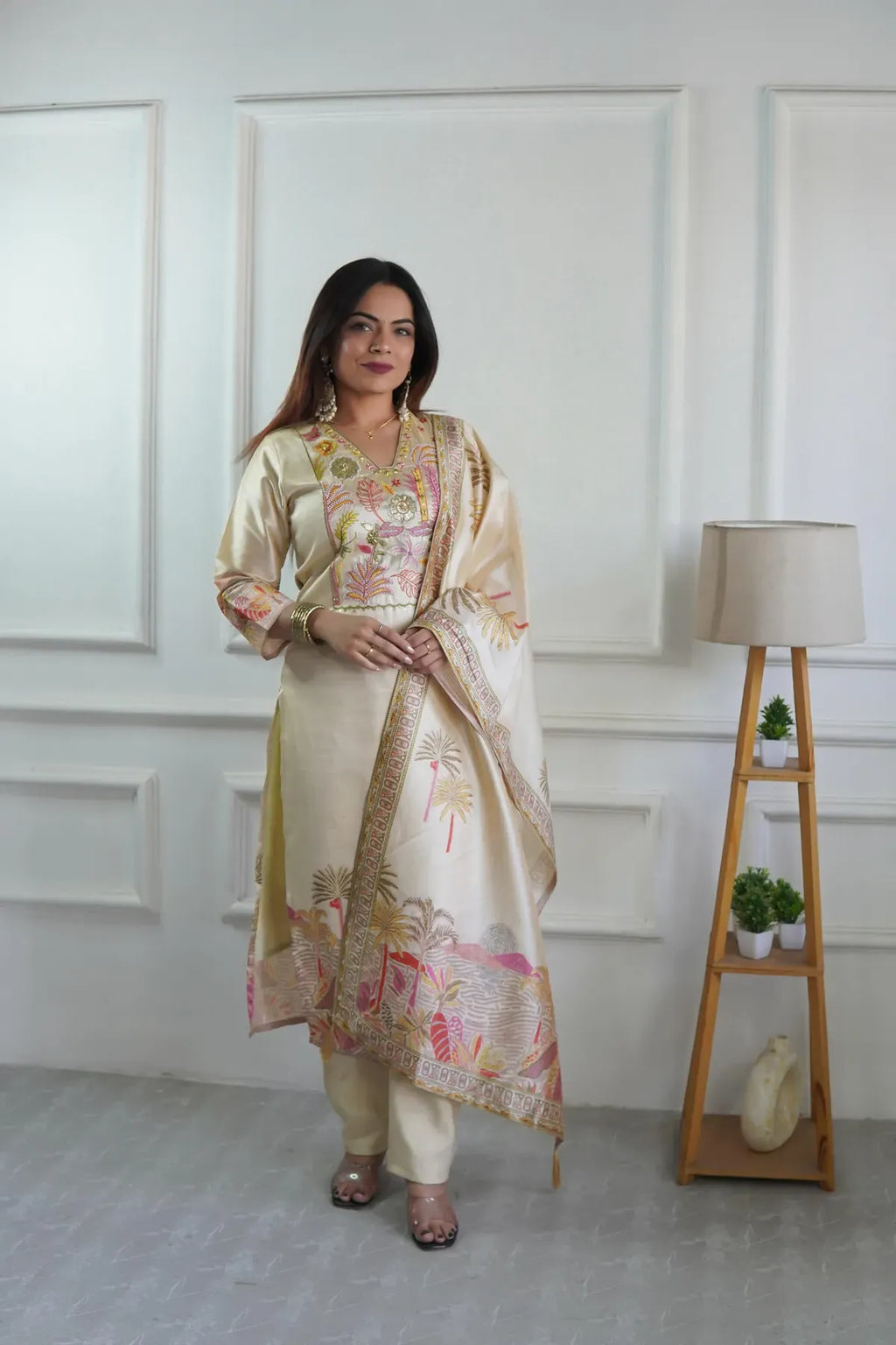 Ivory Assam Silk Embroidered Kurta With Pant Dupatta For Women
