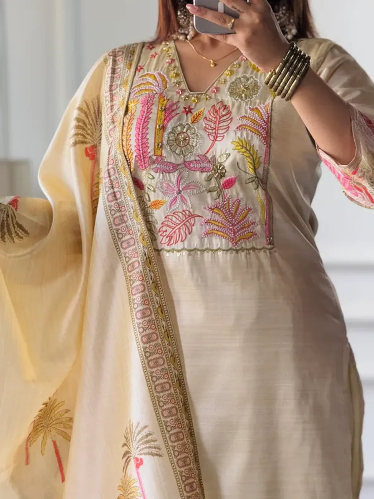Ivory Assam Silk Embroidered Kurta With Pant Dupatta For Women