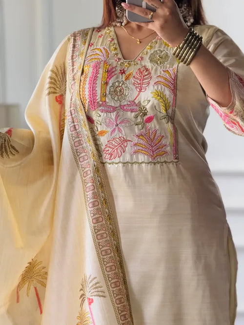 Ivory Assam Silk Embroidered Kurta With Pant Dupatta For Women
