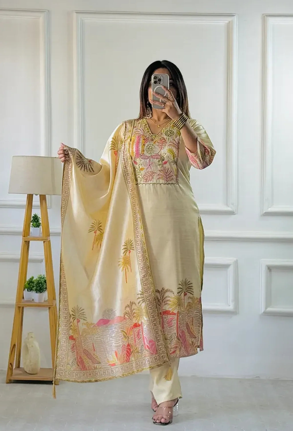 Ivory Assam Silk Embroidered Kurta With Pant Dupatta For Women