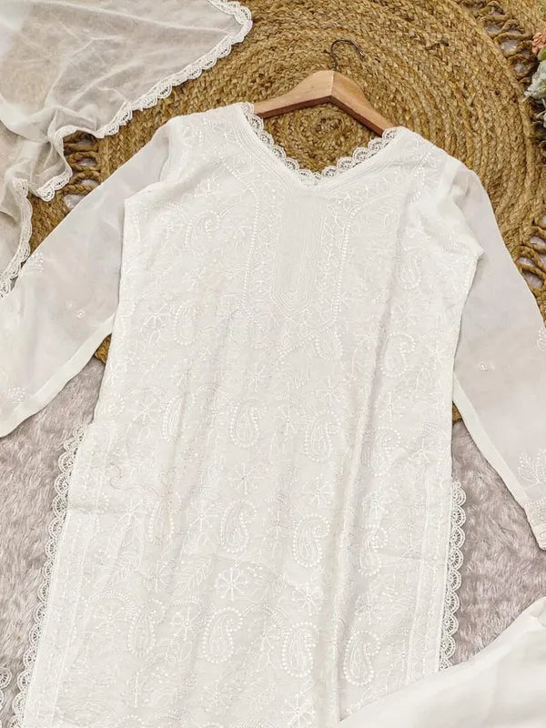 White Georgette Chikankari Embroidery Kurta With Pant Dupatta For Women