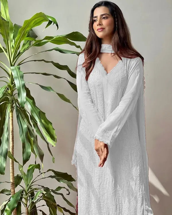 White Georgette Chikankari Embroidery Kurta With Pant Dupatta For Women