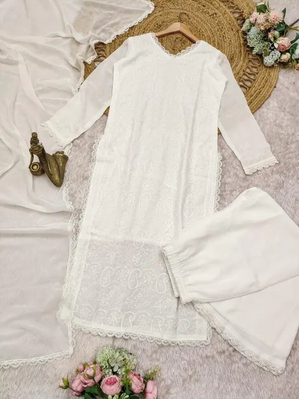 White Georgette Chikankari Embroidery Kurta With Pant Dupatta For Women