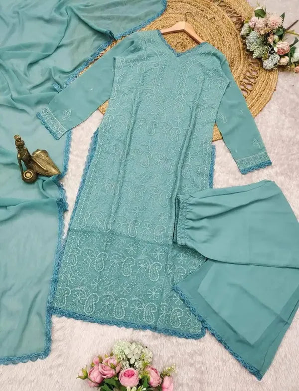 Pastel Teal Georgette Chikankari Embroidery Kurta With Pant Dupatta For Women