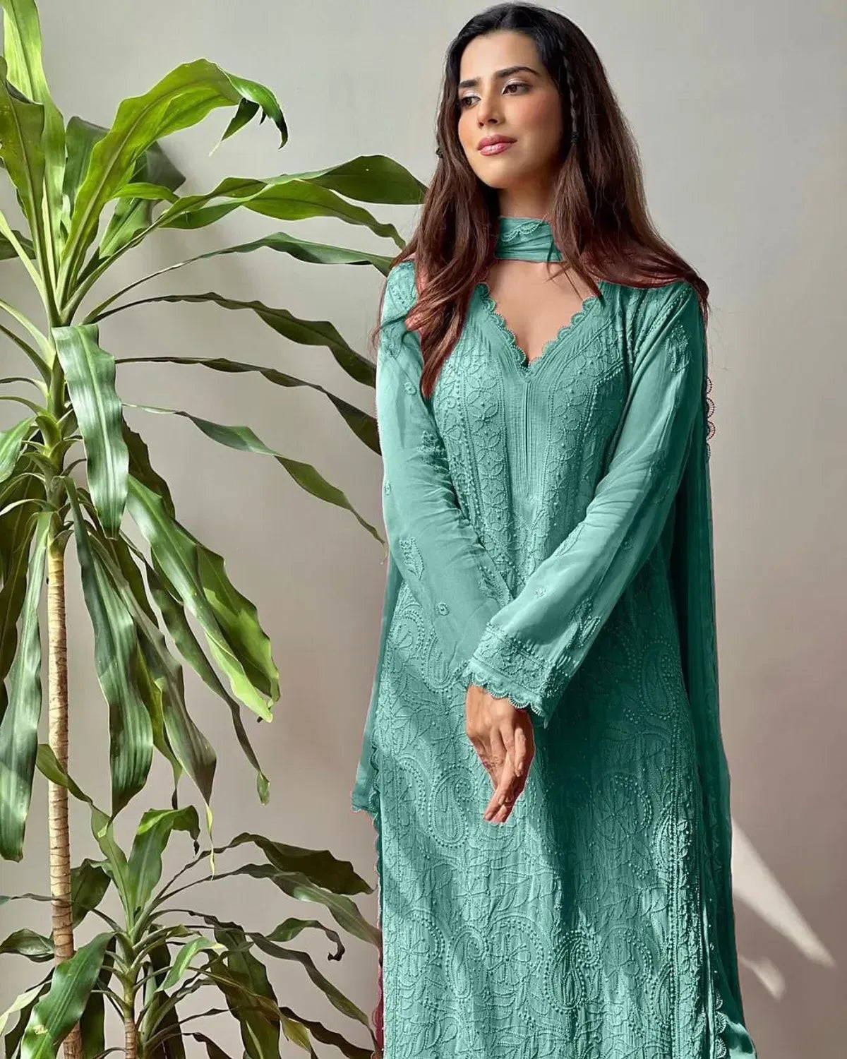 Pastel Teal Georgette Chikankari Embroidery Kurta With Pant Dupatta For Women