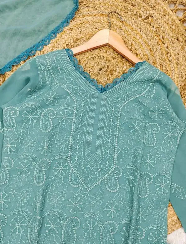 Pastel Teal Georgette Chikankari Embroidery Kurta With Pant Dupatta For Women