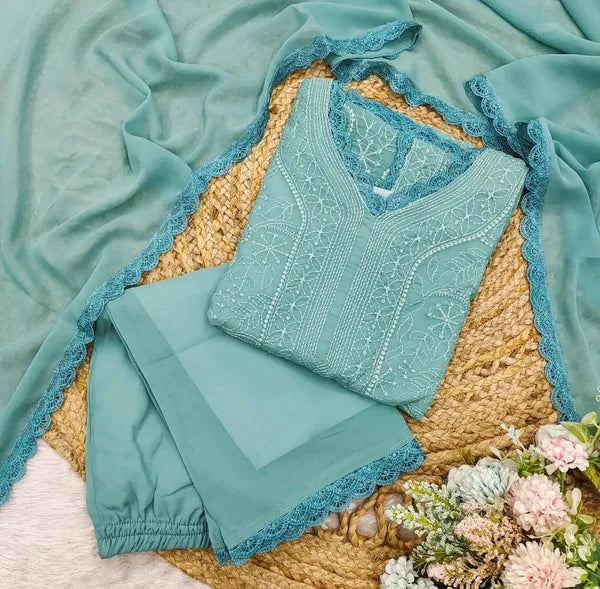 Pastel Teal Georgette Chikankari Embroidery Kurta With Pant Dupatta For Women