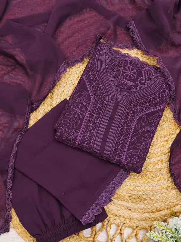 Wine Georgette Chikankari Embroidery Kurta With Pant Dupatta For Women