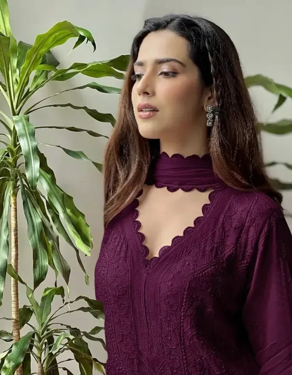 Wine Georgette Chikankari Embroidery Kurta With Pant Dupatta For Women