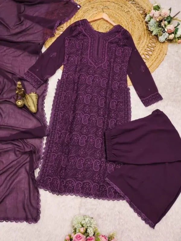 Wine Georgette Chikankari Embroidery Kurta With Pant Dupatta For Women