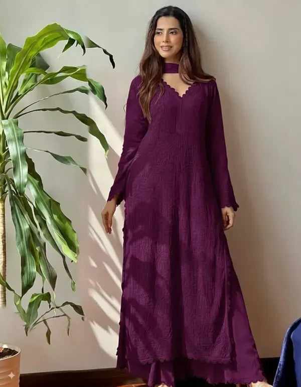 Wine Georgette Chikankari Embroidery Kurta With Pant Dupatta For Women