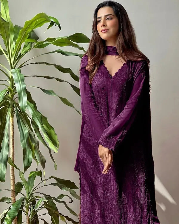 Wine Georgette Chikankari Embroidery Kurta With Pant Dupatta For Women