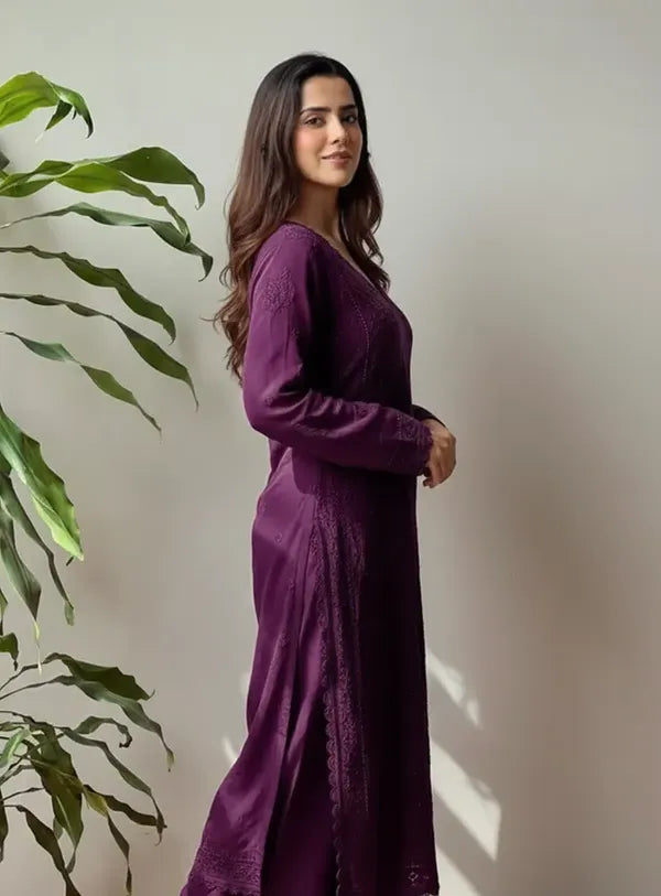 Wine Georgette Chikankari Embroidery Kurta With Pant Dupatta For Women