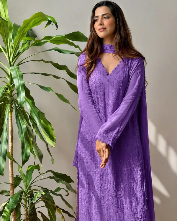 Lavender Georgette Chikankari Embroidery Kurta With Pant Dupatta For Women