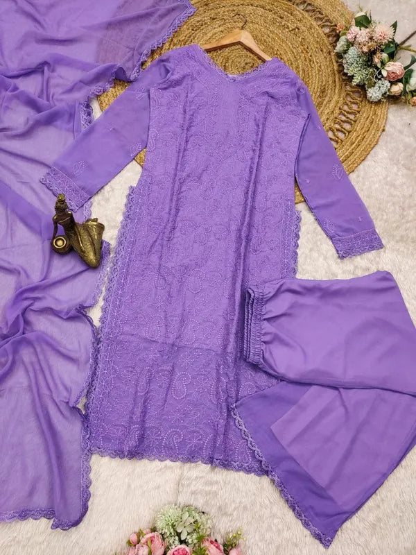 Lavender Georgette Chikankari Embroidery Kurta With Pant Dupatta For Women