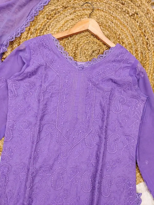 Lavender Georgette Chikankari Embroidery Kurta With Pant Dupatta For Women