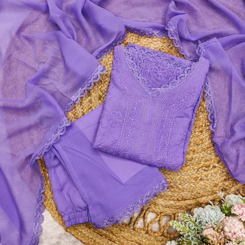 Lavender Georgette Chikankari Embroidery Kurta With Pant Dupatta For Women