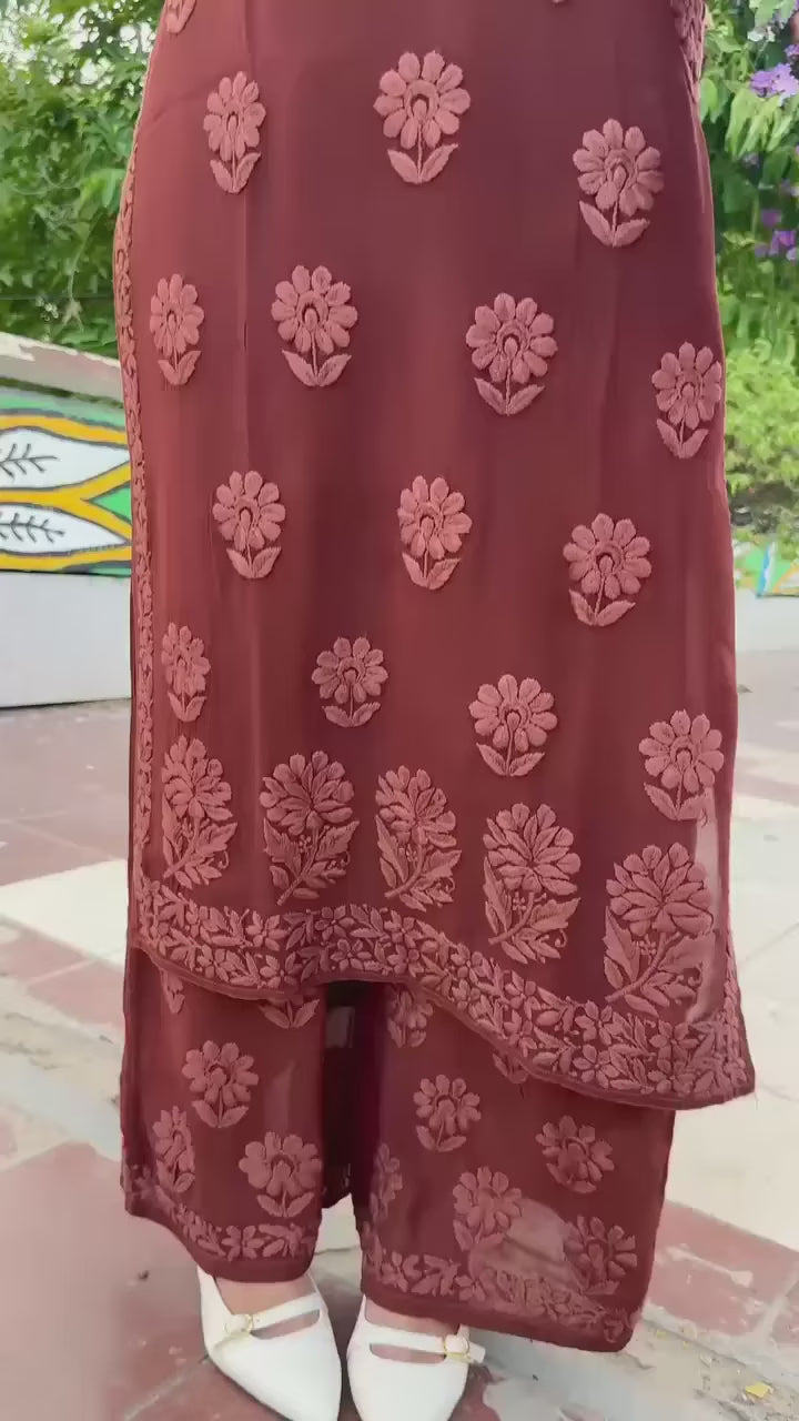 Rust Georgette Chikankari Embroidery Kurta With Pant Dupatta For Women