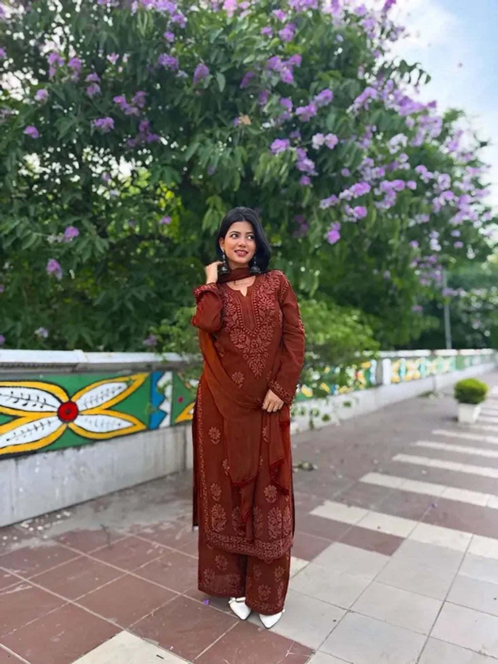 Rust Georgette Chikankari Embroidery Kurta With Pant Dupatta For Women