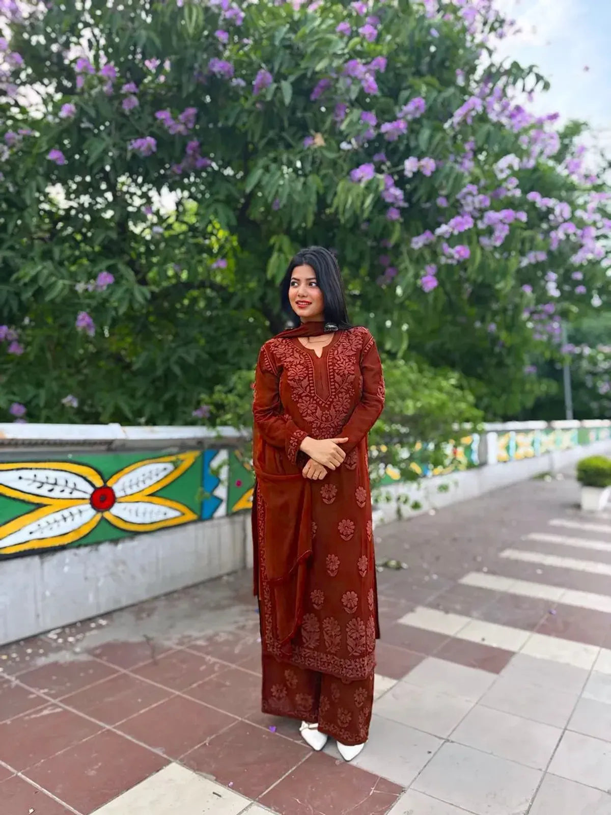 Rust Georgette Chikankari Embroidery Kurta With Pant Dupatta For Women