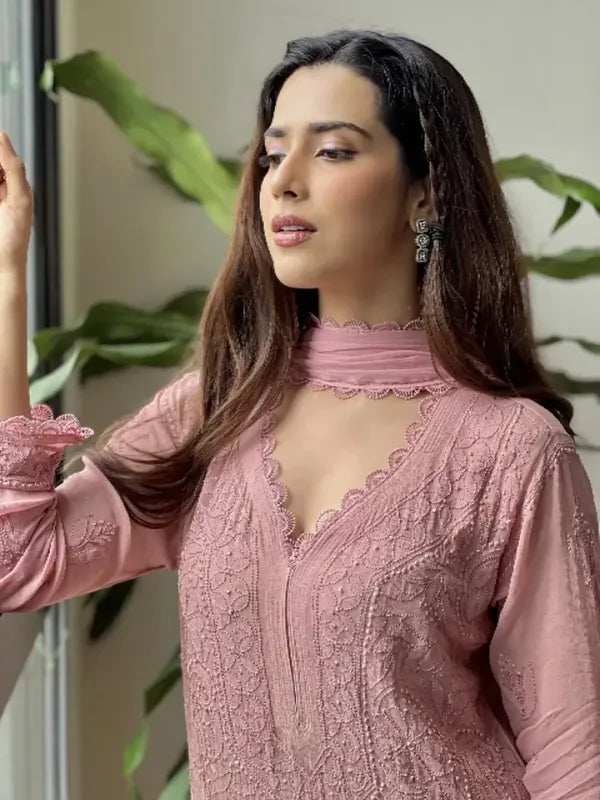 Pastel Pink Georgette Chikankari Embroidery Kurta With Pant Dupatta For Women