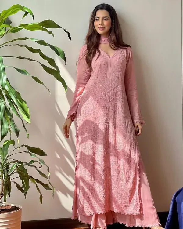 Pastel Pink Georgette Chikankari Embroidery Kurta With Pant Dupatta For Women