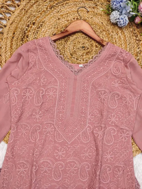 Pastel Pink Georgette Chikankari Embroidery Kurta With Pant Dupatta For Women