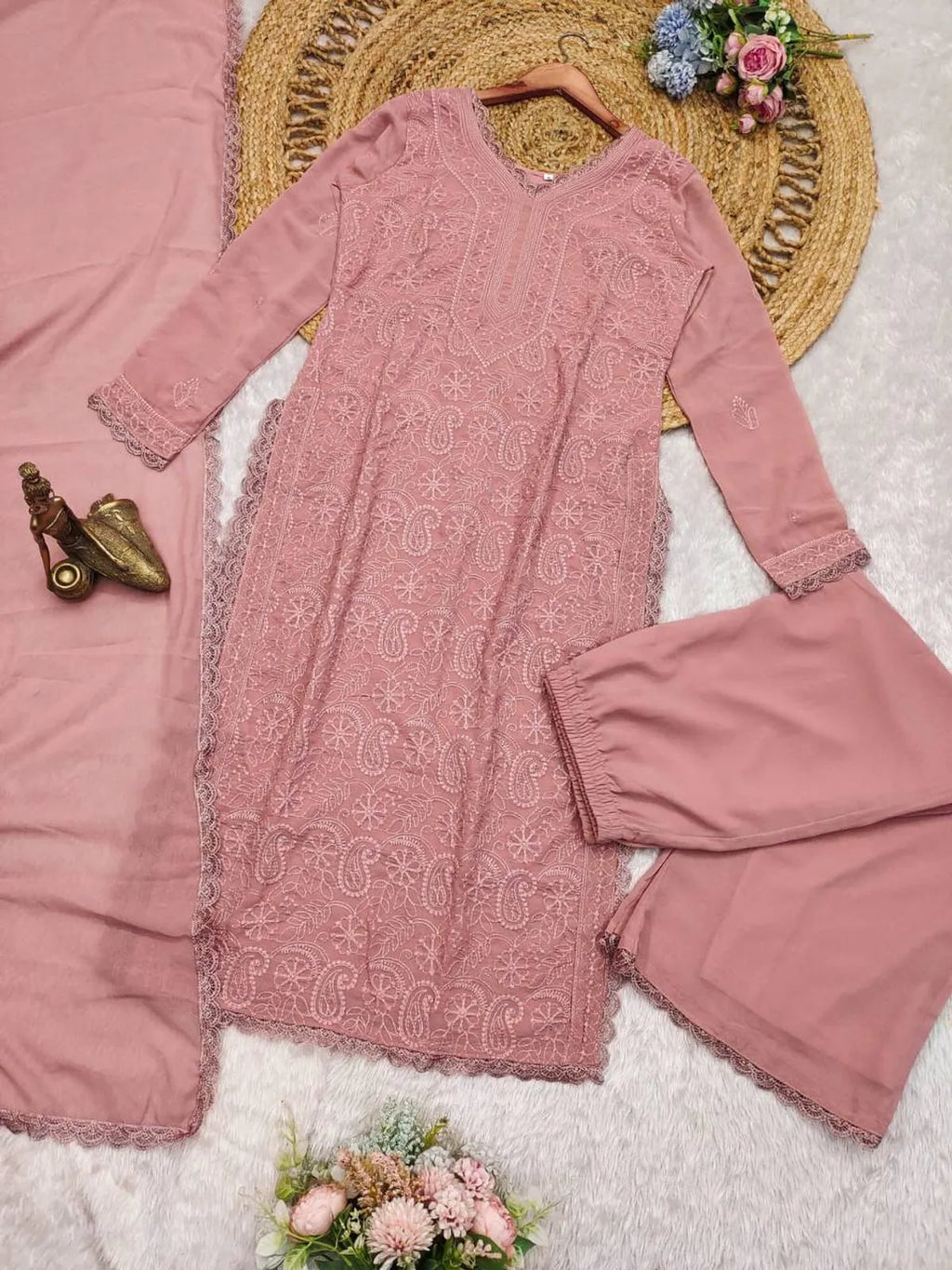 Pastel Pink Georgette Chikankari Embroidery Kurta With Pant Dupatta For Women
