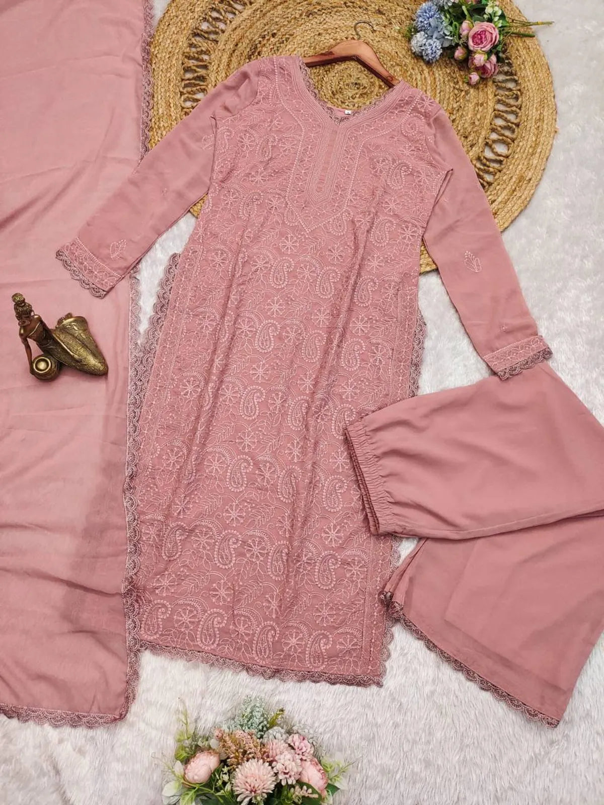 Pastel Pink Georgette Chikankari Embroidery Kurta With Pant Dupatta For Women