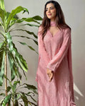 Pastel Pink Georgette Chikankari Embroidery Kurta With Pant Dupatta For Women