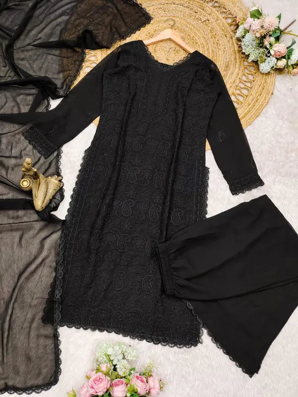 Black Georgette Chikankari Embroidery Kurta With Pant Dupatta For Women