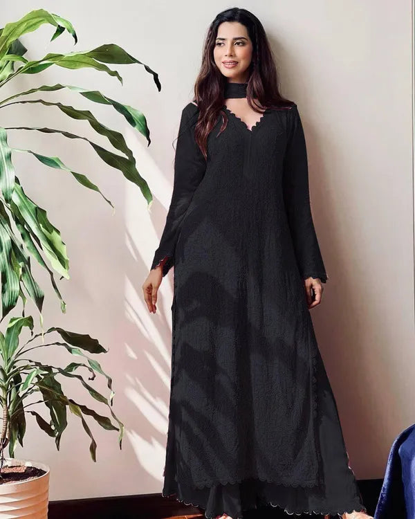 Black Georgette Chikankari Embroidery Kurta With Pant Dupatta For Women