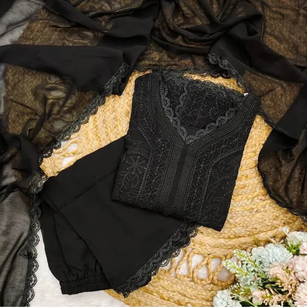 Black Georgette Chikankari Embroidery Kurta With Pant Dupatta For Women