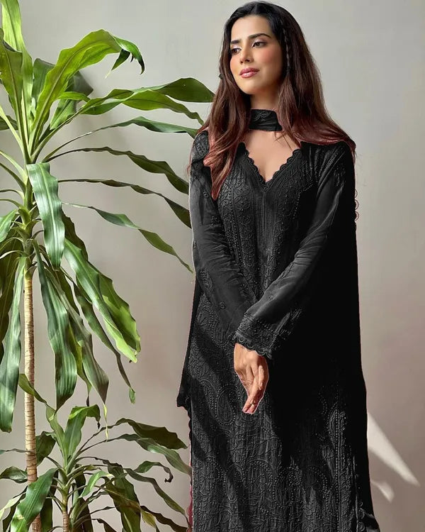 Black Georgette Chikankari Embroidery Kurta With Pant Dupatta For Women